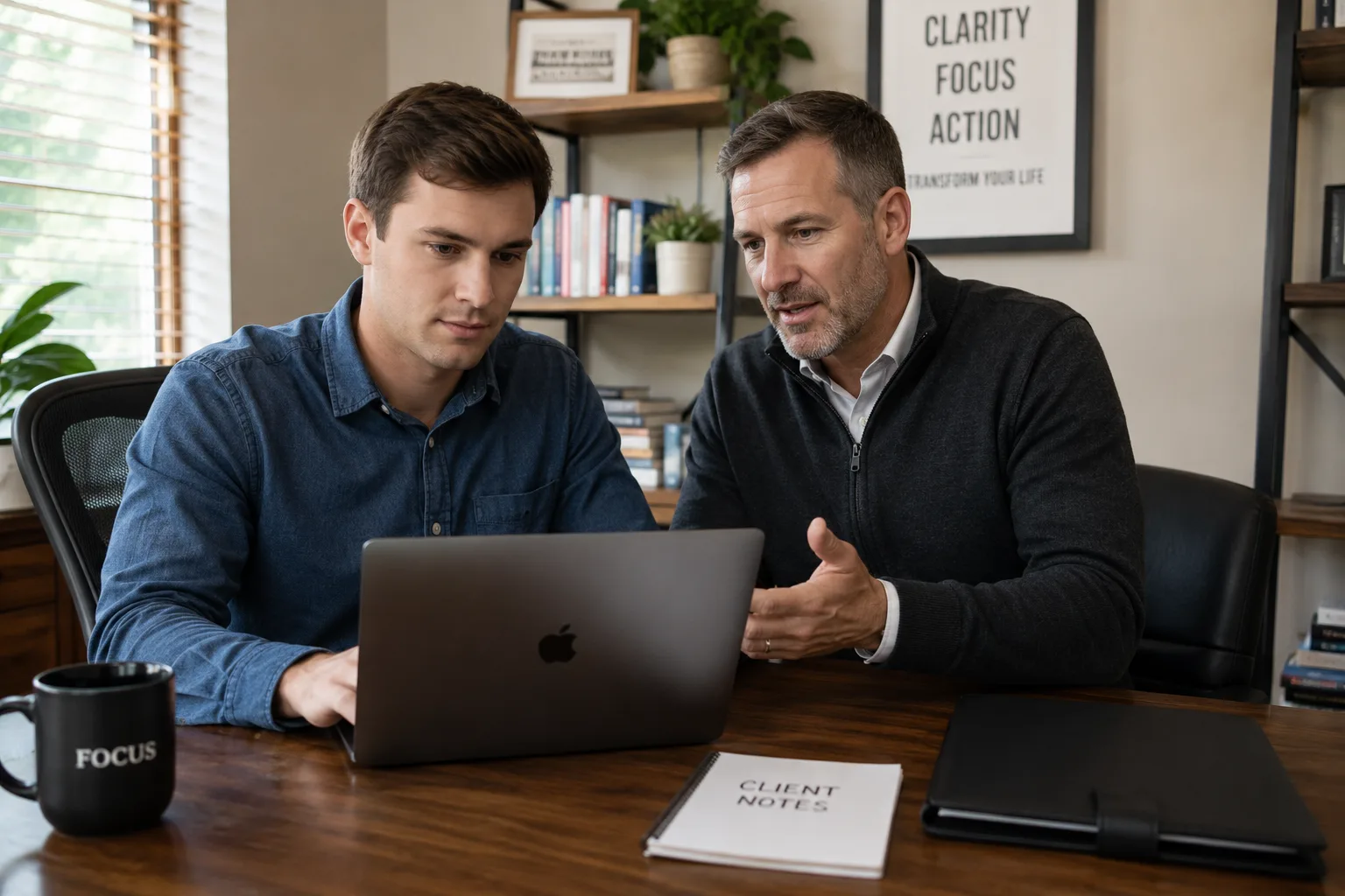 A coach guiding a client working at their own laptop